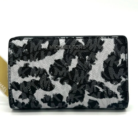 Michael Kors Medium Empire Leopard Logo Snap ZA Wallet Black Multi - Picture 1 of 10